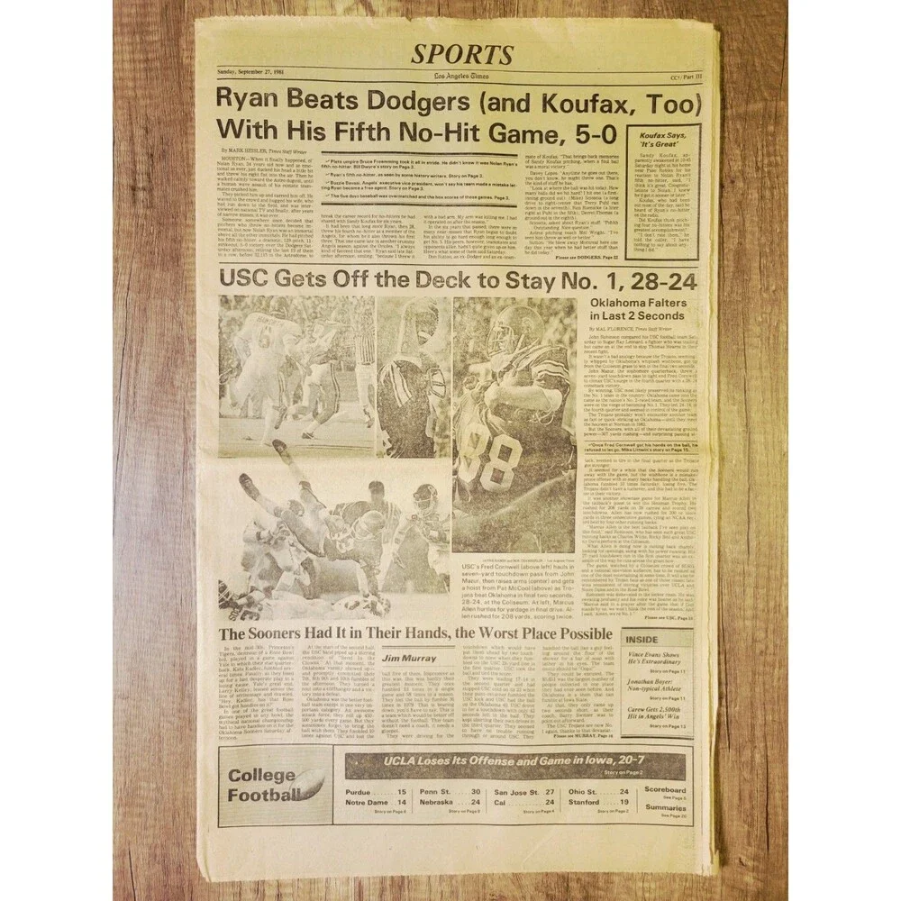 1981 Sep 27: LA Times Sports Astros Nolan Ryan 5th No-Hitter Passing Koufax! MLB
